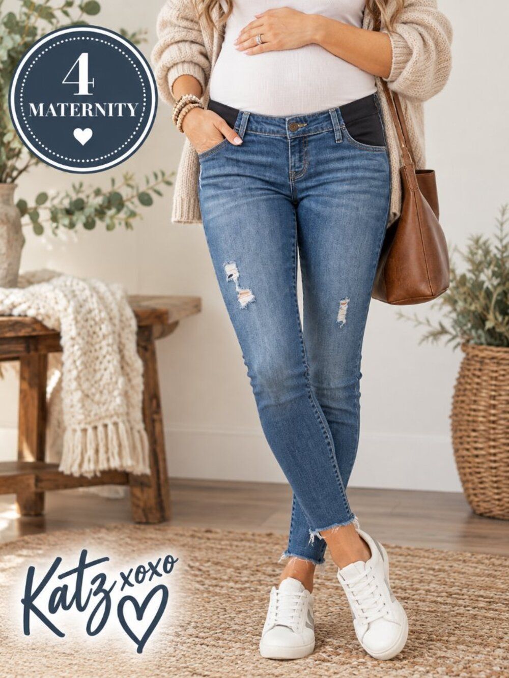 Isabel Maternity 4 Distressed Skinny Jeans Under Belly Side Panel Stretch Denim
